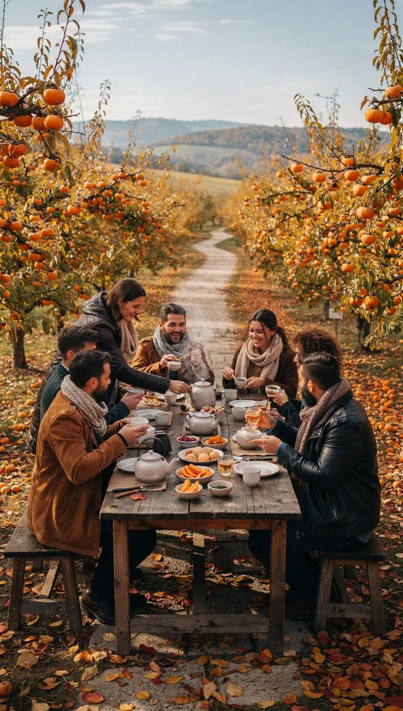 Tradicionális japán teázási szertartás, ahol a kakiszótea középpontban áll.