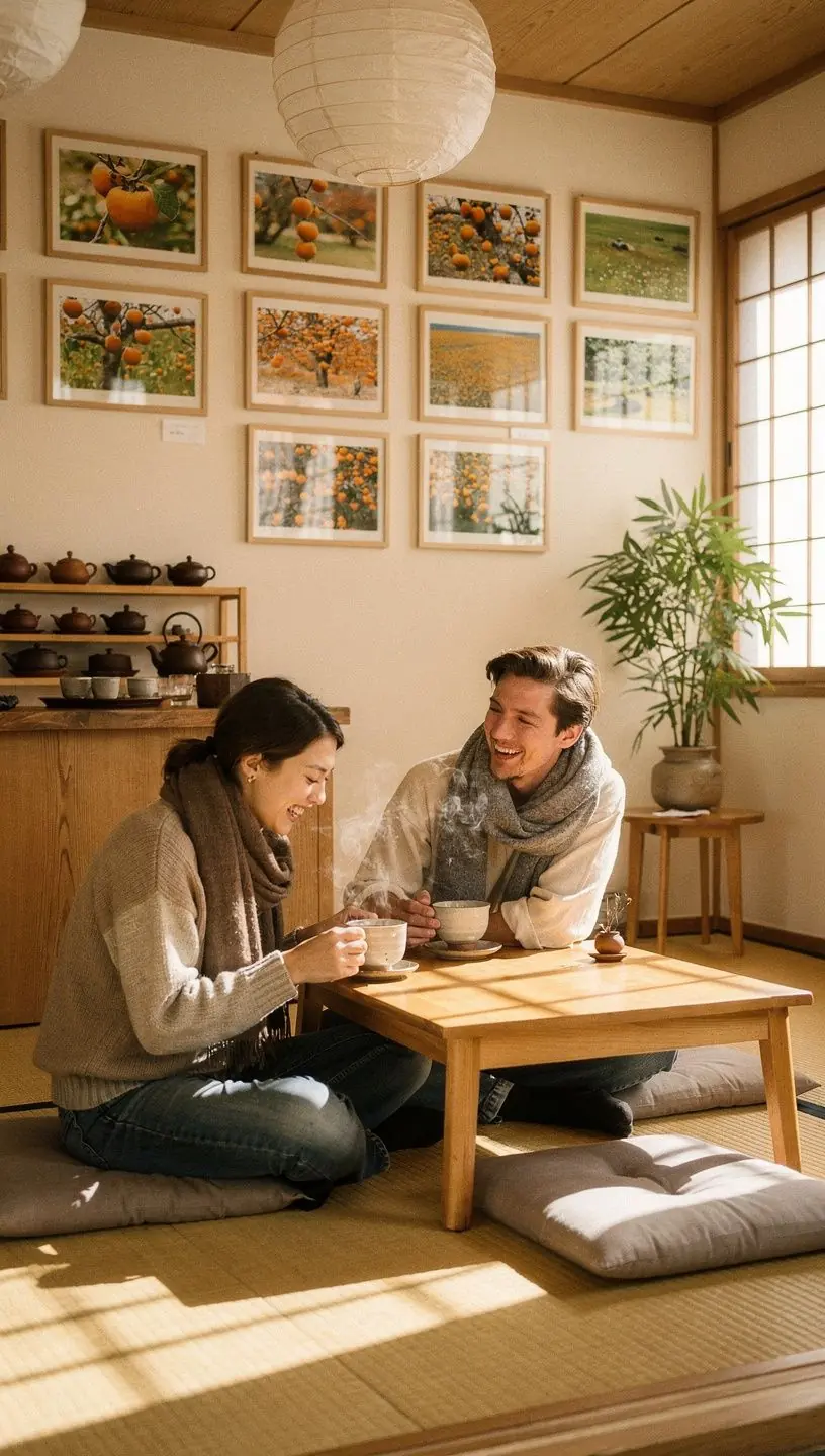 Kakiszótea és sütemények egy asztalon, baráti beszélgetés közben.