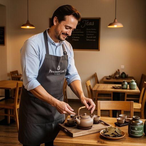 Kakiszőlőlevél tea szervírozva, mellette egy szelet friss gyümölcs.